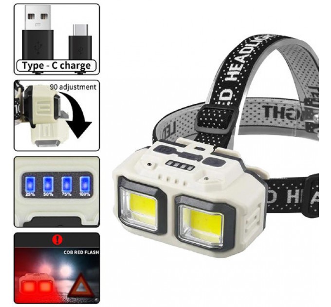 Фонарь налобный HX-816S-2COB(white+red), Motion Sensor, Waterproof, 1x18650, ЗУ Type-C, Box