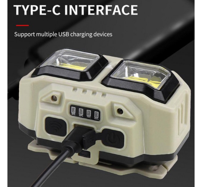 Фонарь налобный HX-816S-2COB(white+red), Motion Sensor, Waterproof, 1x18650, ЗУ Type-C, Box