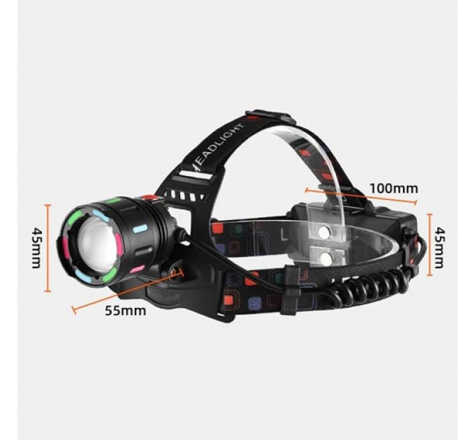 Фонарь налобный NIGHT VISION FLUORESCENCE SY-8087 1 РЕЖИМ PM10-TG, 2x18650, signal light, ЗУ Type-C, zoom, Box