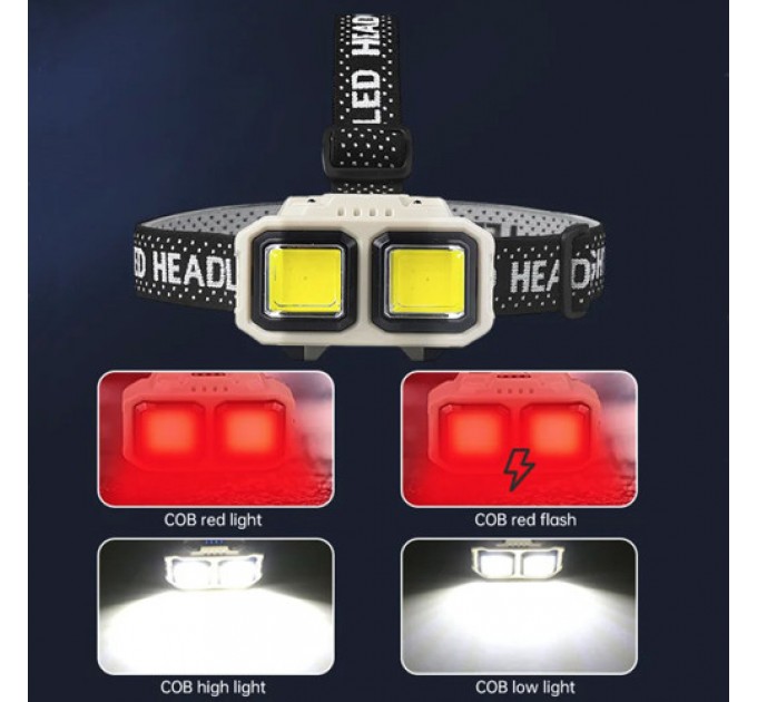 Фонарь налобный HX-816-2COB(white+red), Waterproof, 1x18650, ЗУ Type-C, Box