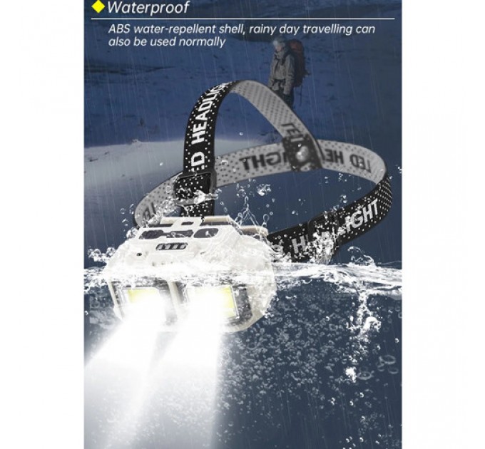 Фонарь налобный HX-816-2COB(white+red), Waterproof, 1x18650, ЗУ Type-C, Box