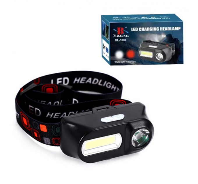 Фонарь налобный 1804-LED(red)+COB(white), 1x18650, ЗУ Type-C