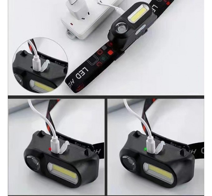 Фонарь налобный 1804-LED(red)+COB(white), 1x18650, ЗУ Type-C