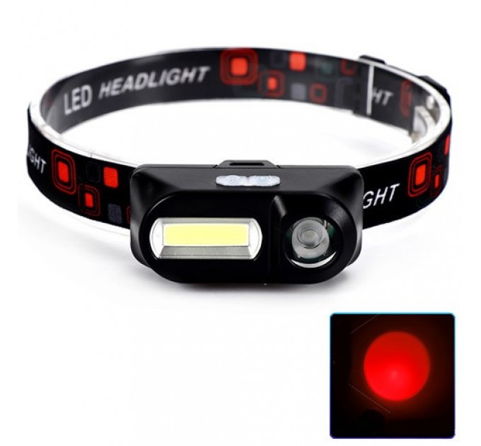 Фонарь налобный 1804-LED(red)+COB(white), 1x18650, ЗУ Type-C