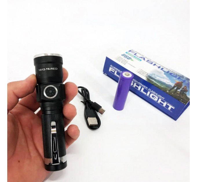Фонарь PLD-1812-T6 (red), 1x18650, индикация заряда, ЗУ Type-C, zoom, Box