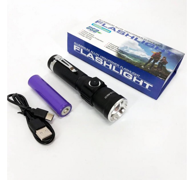 Фонарь PLD-1812-T6 (red), 1x18650, индикация заряда, ЗУ Type-C, zoom, Box