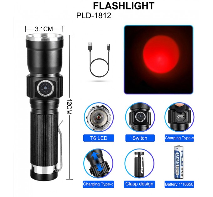 Фонарь PLD-1812-T6 (red), 1x18650, индикация заряда, ЗУ Type-C, zoom, Box