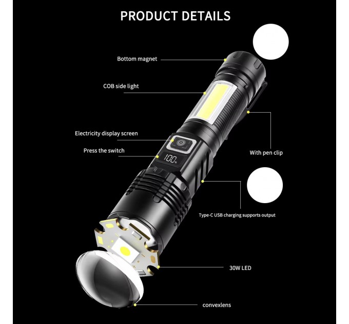 Фонарь COB18-WHITE LASER LED PM10-TG+COB, 1x18650, power bank, магнит, ЗУ Type-C, zoom