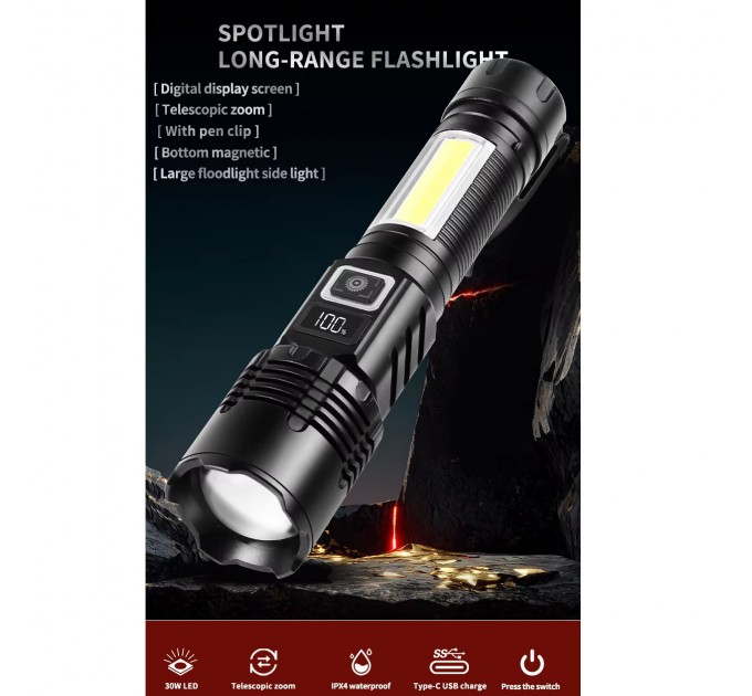 Фонарь COB18-WHITE LASER LED PM10-TG+COB, 1x18650, power bank, магнит, ЗУ Type-C, zoom