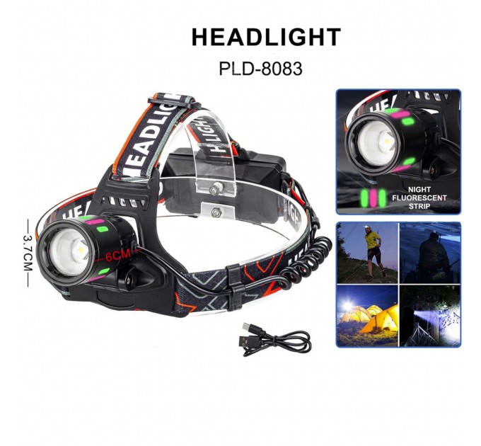 Фонарь налобный NIGHT VISION FLUORESCENCE 8083 1 РЕЖИМ WHITE LASER LED PM10-TG+COB, 2x18650, ЗУ Type-C, zoom