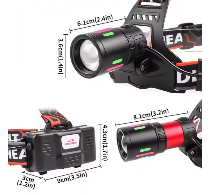 Фонарь налобный NIGHT VISION FLUORESCENCE 8083 1 РЕЖИМ WHITE LASER LED PM10-TG+COB, 2x18650, ЗУ Type-C, zoom