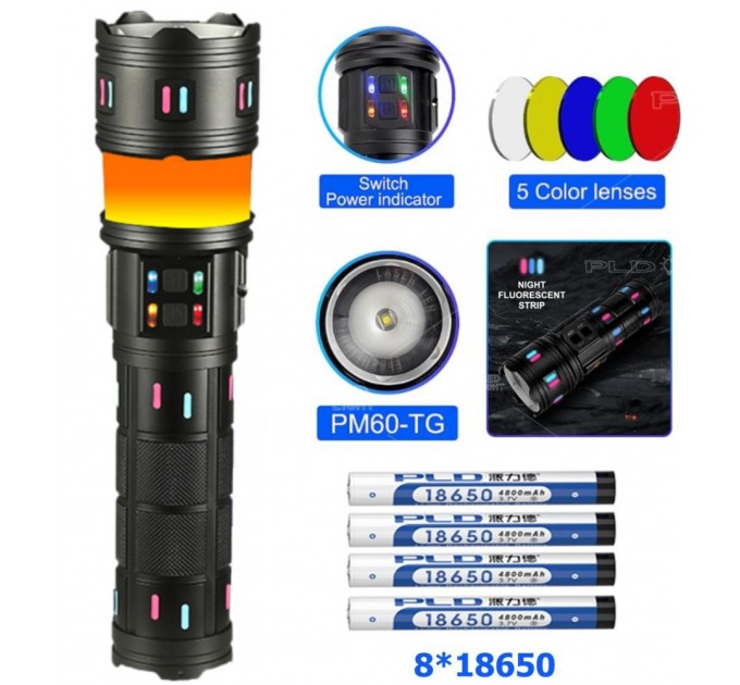 Фонарь NIGHT VISION FLUORESCENCE AK178-WHITE LASER LED PM60-TG+COB, 8x18650 3.7V, power bank, ЗУ Type-C, zoom,