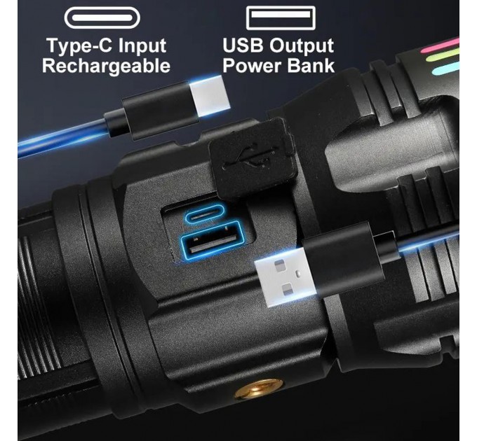 Фонарь NIGHT VISION FLUORESCENCE AK178-WHITE LASER LED PM60-TG+COB, 8x18650 3.7V, power bank, ЗУ Type-C, zoom,