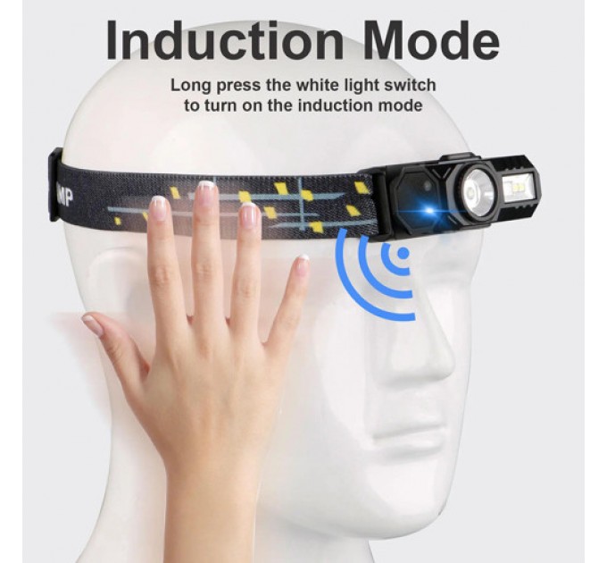 Фонарь налобный  T131-XPE+3SMD(red+green+blue+UV), Motion Sensor, Li-Ion аккум, магнит, клипса, ЗУ Type-C, Box