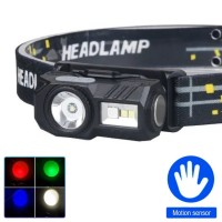 Фонарь налобный  T131-XPE+3SMD(red+green+blue+UV), Motion Sensor, Li-Ion аккум, магнит, клипса, ЗУ Type-C, Box