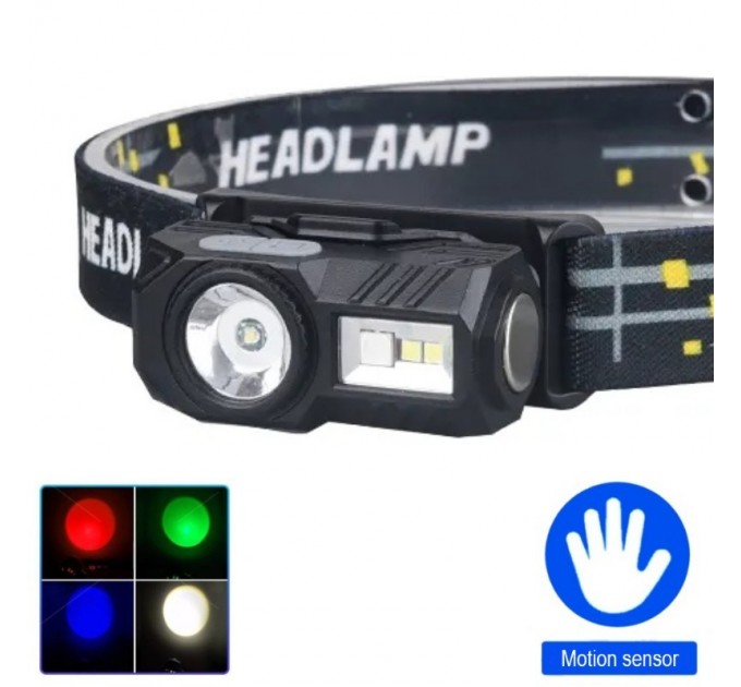 Фонарь налобный  T131-XPE+3SMD(red+green+blue+UV), Motion Sensor, Li-Ion аккум, магнит, клипса, ЗУ Type-C, Box