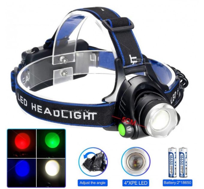 Фонарь налобный PLD-V9-F-4XPE(RGB), 2x18650, ЗУ Type-C, zoom, Box