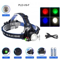 Фонарь налобный PLD-V9-F-4XPE(RGB), 2x18650, ЗУ Type-C, zoom, Box