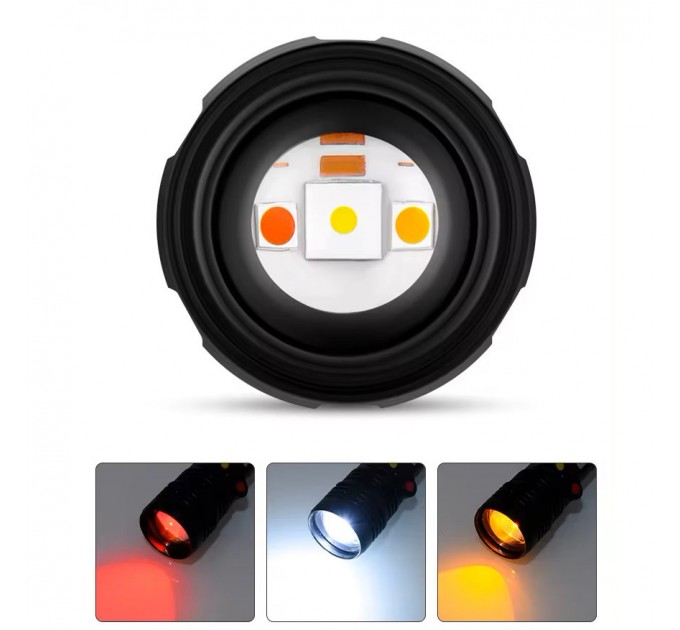 Фонарь PLD-H005-3PM10-TG(white+yellow+red)+14SMD, Li-Ion аккум., индикация заряда, ЗУ Type-C, zoom, Box
