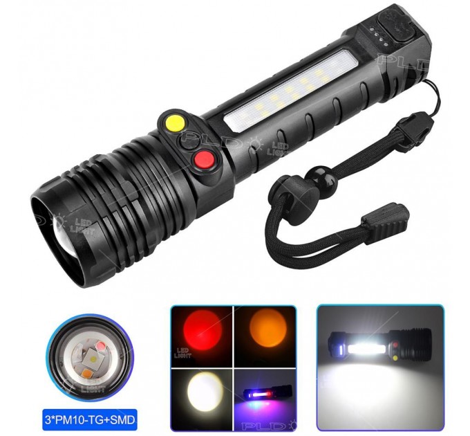 Фонарь PLD-H005-3PM10-TG(white+yellow+red)+14SMD, Li-Ion аккум., индикация заряда, ЗУ Type-C, zoom, Box