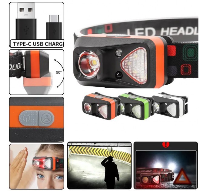 Фонарь налобный W-18-XPG+6SMD(white+red), Motion Sensor, 1x14500, ЗУ Type-C