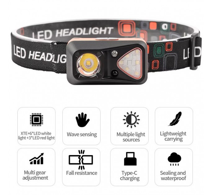 Фонарь налобный W-18-XPG+6SMD(white+red), Motion Sensor, 1x14500, ЗУ Type-C
