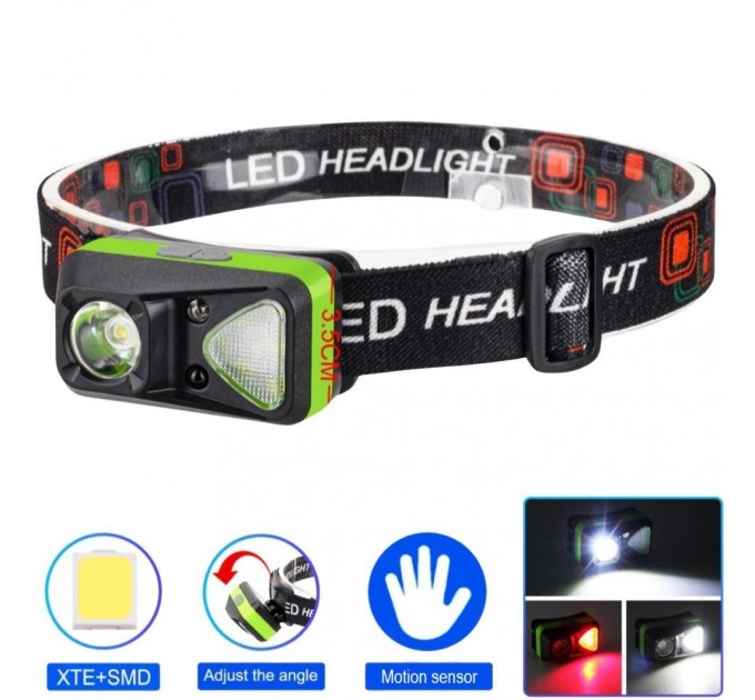 Фонарь налобный W-18-XPG+6SMD(white+red), Motion Sensor, 1x14500, ЗУ Type-C