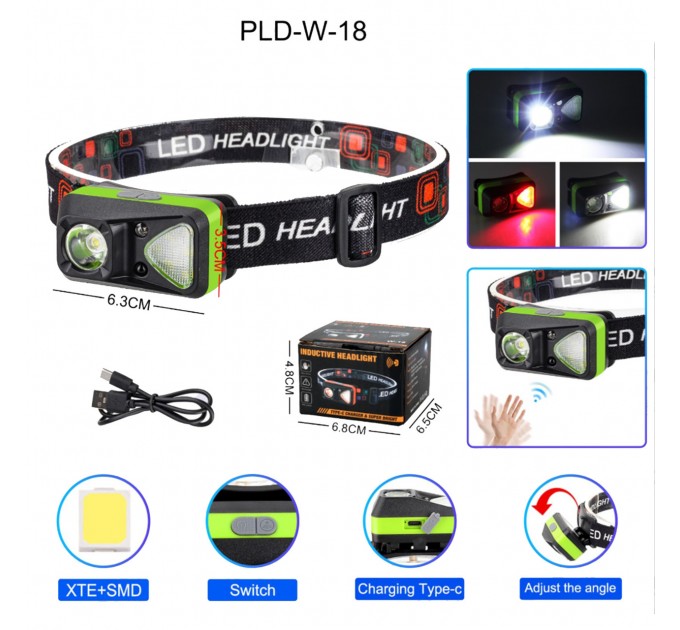 Фонарь налобный W-18-XPG+6SMD(white+red), Motion Sensor, 1x14500, ЗУ Type-C