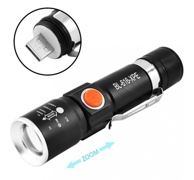 Фонарь Police 616-XPE, Li-Ion аккум., зажим, zoom, ЗУ USB