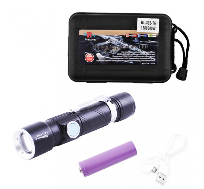 Фонарь Police 802-T6, 1х18650, зажим, zoom, ЗУ microUSB, Box