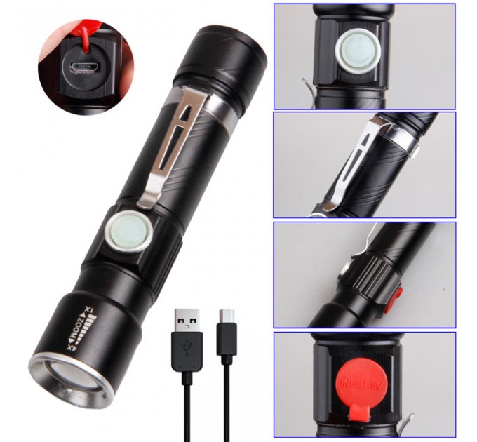 Фонарь Police 802-T6, 1х18650, зажим, zoom, ЗУ microUSB, Box