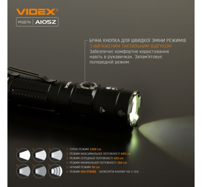 Портативный светодиодный фонарик VIDEX VLF-A105Z 1200Lm 5000K