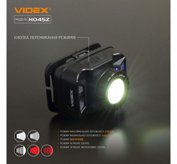 Налобный светодиодный фонарик VIDEX VLF-H045Z 270Lm 5000K