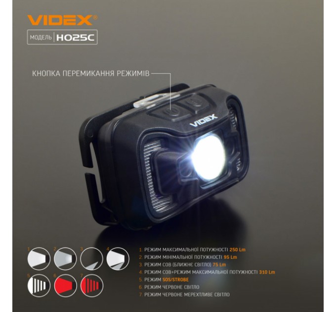 Налобный светодиодный фонарик VIDEX VLF-H025C 310Lm 5000K