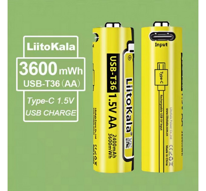 Аккумулятор AA, LiitoKala USB-T36 1.5V, 2400mAh, ОРИГИНАЛ