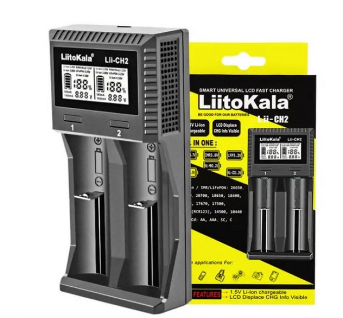 Зарядное устройство LiitoKala Lii-CH2, 2x26650 /21700 /20700 /18650 /18490 /18350 /17670 /175000 /16340 /14500 /10440 / AA / AAA