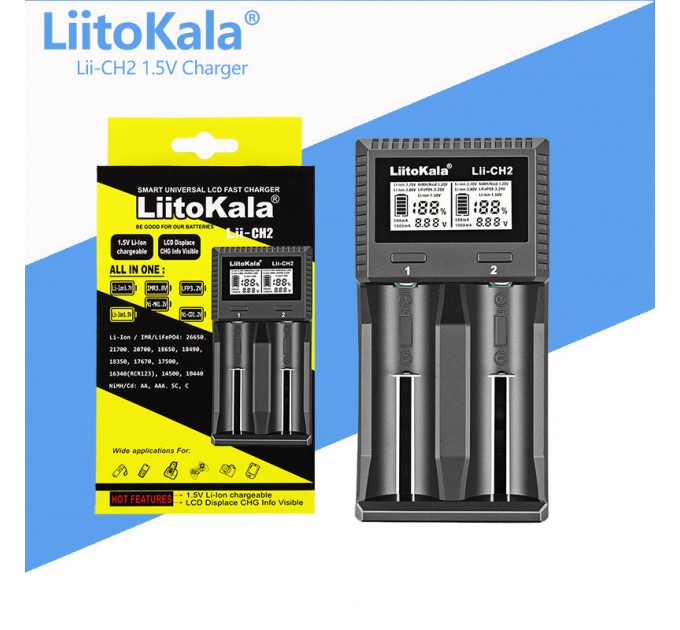 Зарядное устройство LiitoKala Lii-CH2, 2x26650 /21700 /20700 /18650 /18490 /18350 /17670 /175000 /16340 /14500 /10440 / AA / AAA