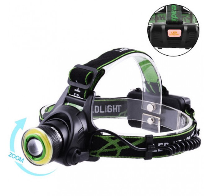 Фонарь налобный T106-T6+COB, 2x18650, signal light, zoom, ЗУ microUSB, Box