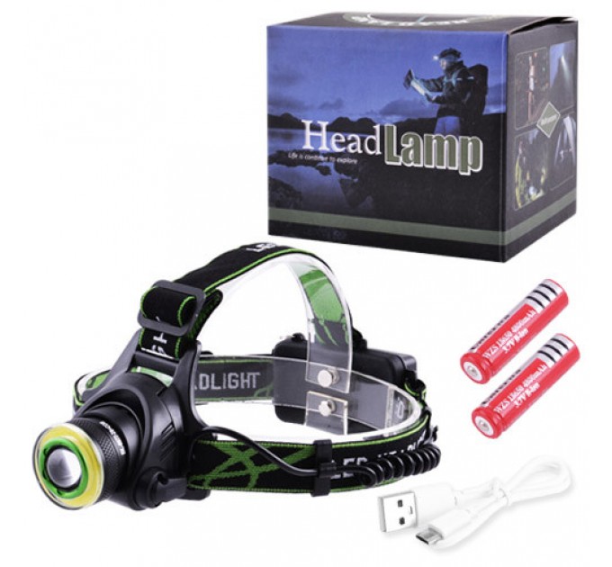 Фонарь налобный T106-T6+COB, 2x18650, signal light, zoom, ЗУ microUSB, Box