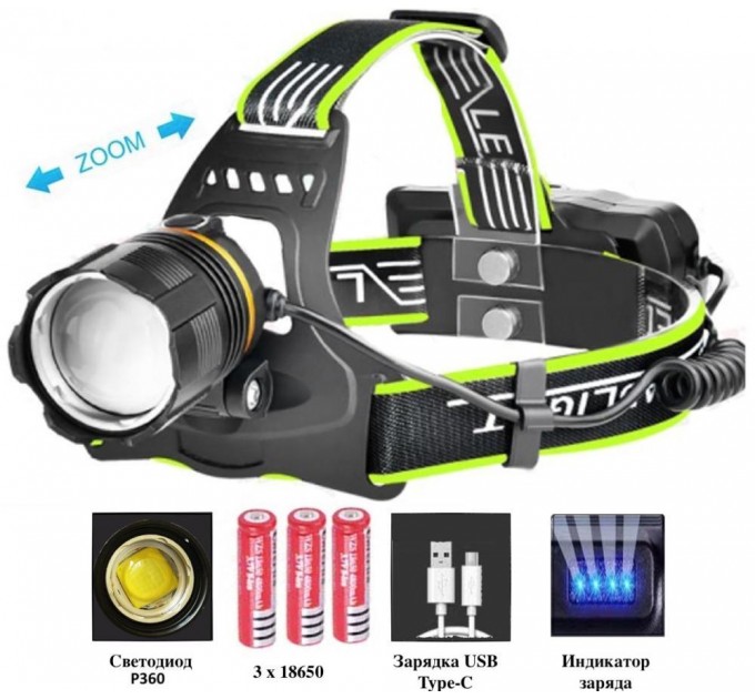 Фонарь налобный BL-A13-3-P360, 3x18650, zoom, ЗУ Type-C, Box
