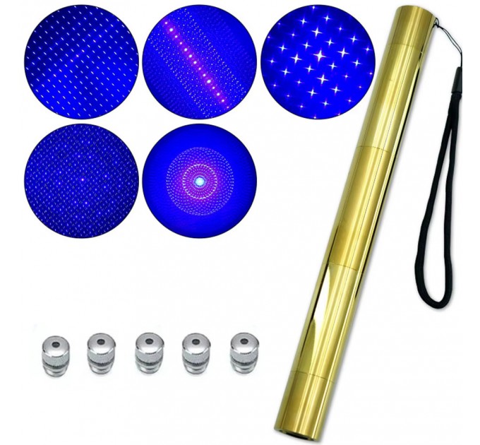 Фонарь-лазер синий YX-B008 GOLD, ЗУ 220V, 2x16340, 5 насадок, CASE, GLASSES