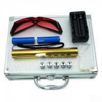 Фонарь-лазер синий YX-B008 GOLD, ЗУ 220V, 2x16340, 5 насадок, CASE, GLASSES