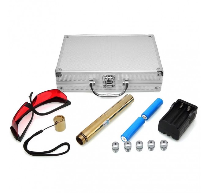 Фонарь-лазер синий YX-B008 GOLD, ЗУ 220V, 2x16340, 5 насадок, CASE, GLASSES