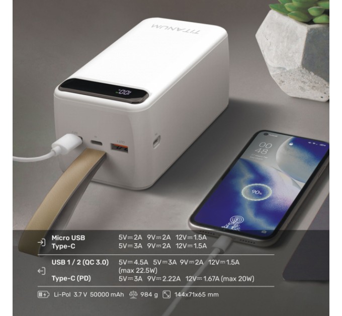 Павербанк 50000mAh TITANUM 741S 22.5W White