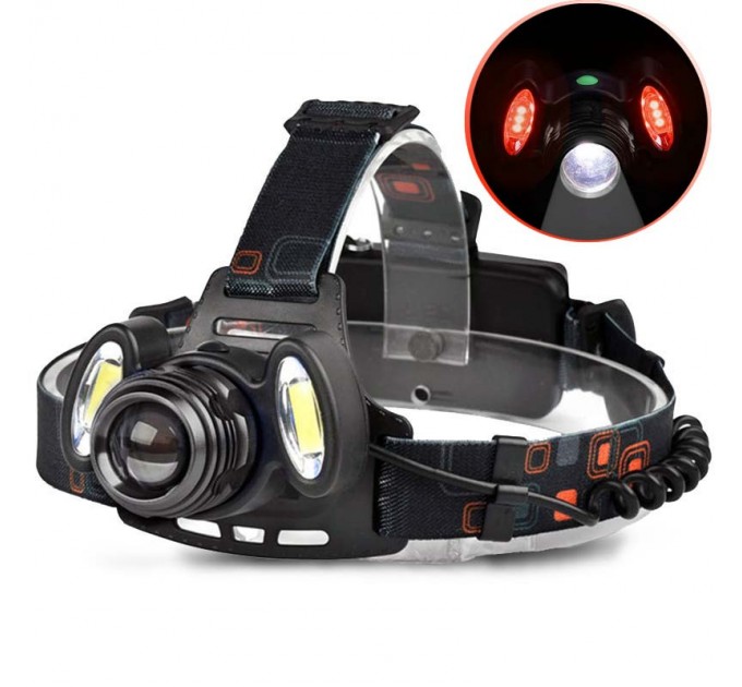 Фонарь налобный Police 2117-T6+2COB(RED), 2x18650, zoom, ЗУ microUSB, Box