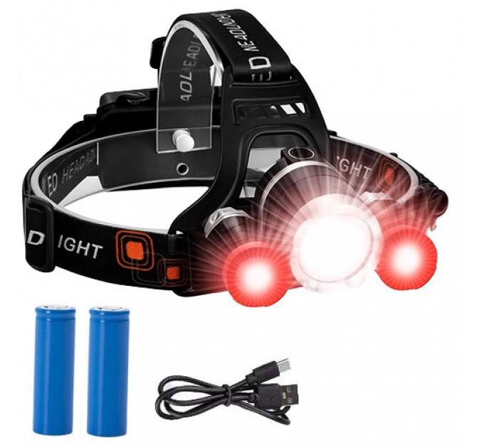 Фонарь налобный Police 3000-T6+2XPE(RED), 2x18650, signal light, ЗУ Type-C, Box