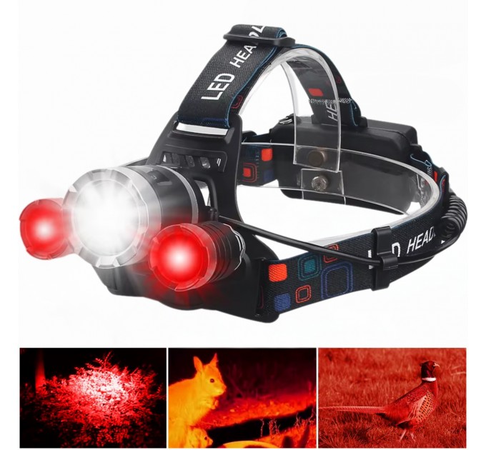 Фонарь налобный Police 3000-T6+2XPE(RED), 2x18650, signal light, ЗУ Type-C, Box