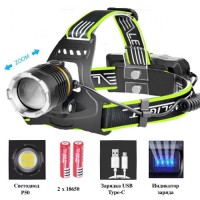 Фонарь налобный BL-8003-P50, 2x18650, zoom, ЗУ microUSB, Box
