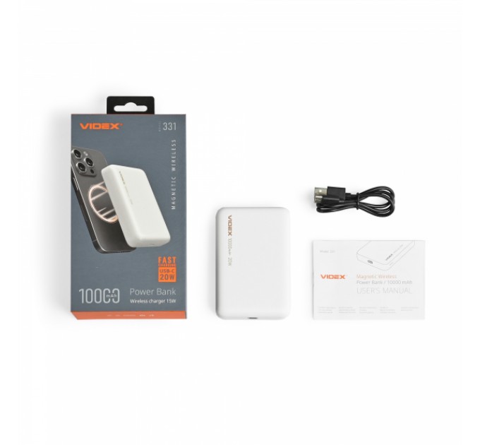 Повербанк з бездротовою зарядкою 10000mAh VIDEX VPB-331 PD20W White