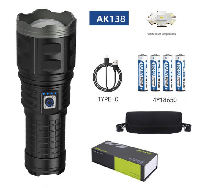 Фонарь AK138 WHITE LASER LED PM60-TG, 4х18650, power bank, индикация заряда, ЗУ Type-C, zoom, Box